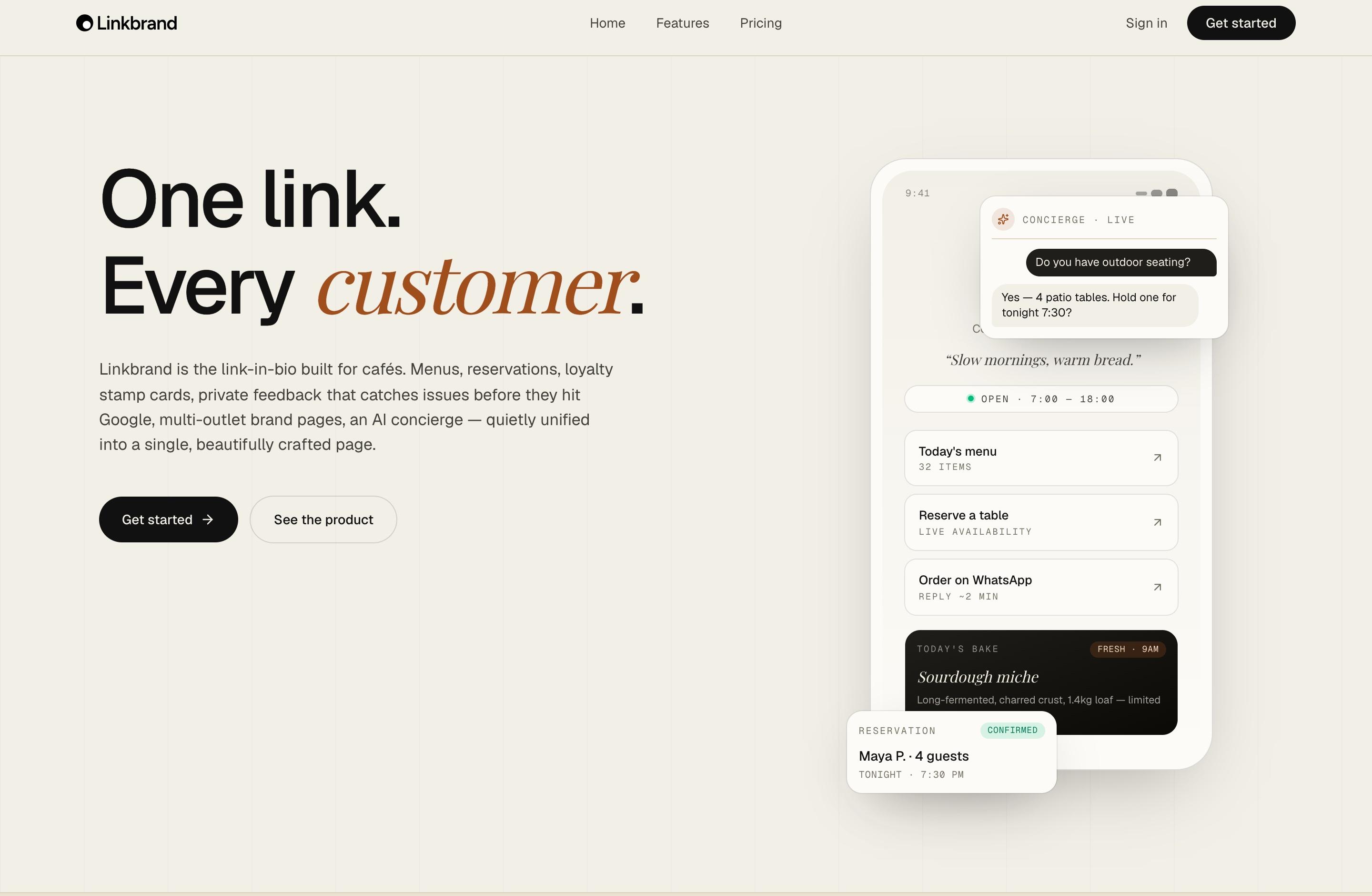 The Linkbrand landing page: the headline 'One link. Every customer.' beside a phone showing a café's link-in-bio page, with today's menu, table reservations and WhatsApp ordering, an AI concierge answering a question about outdoor seating, and a confirmed reservation card.