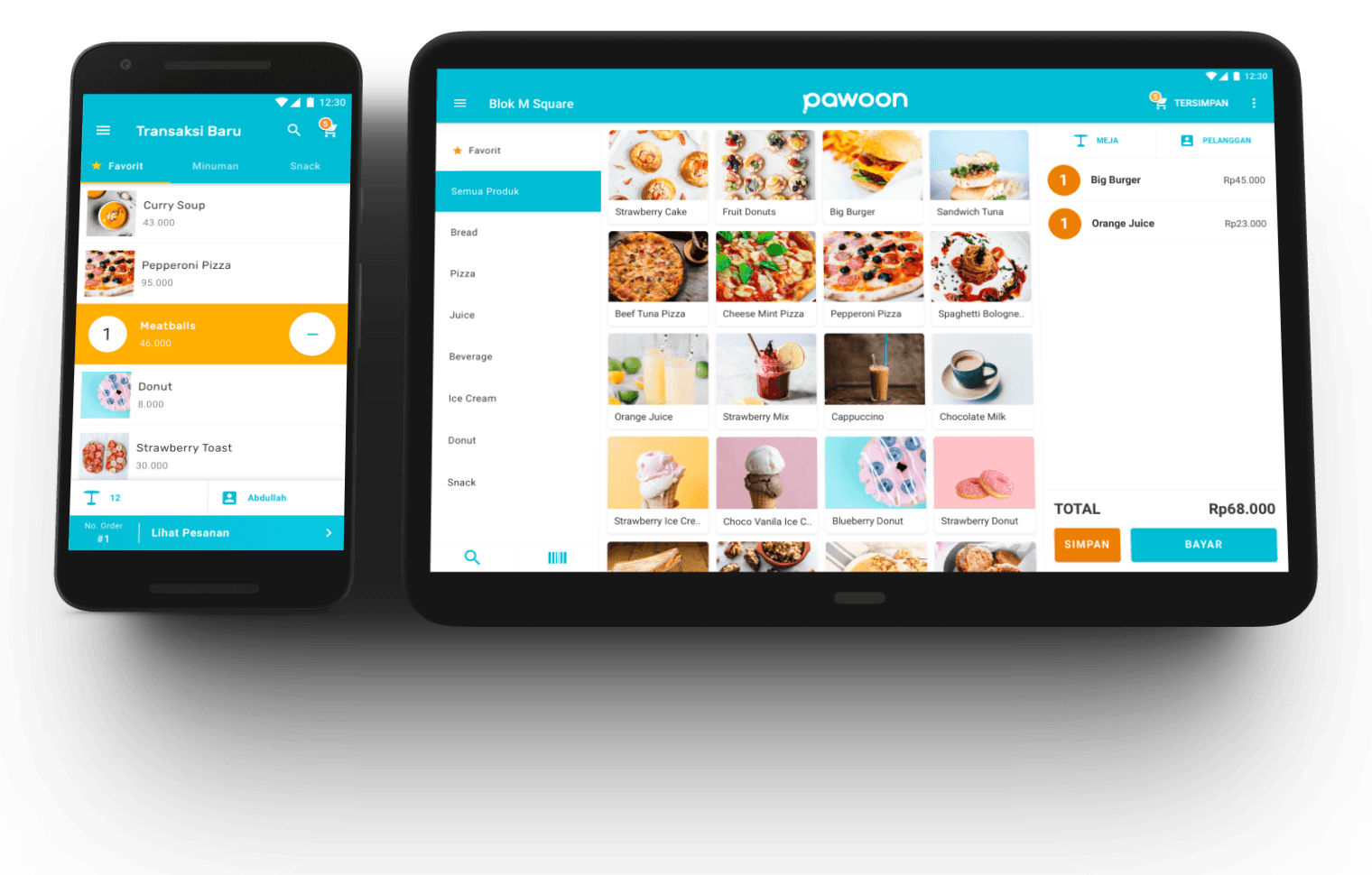 Pawoon 2.0 point-of-sale running side by side on a phone and a tablet, showing the redesigned order screen with a food-menu grid and a running bill.